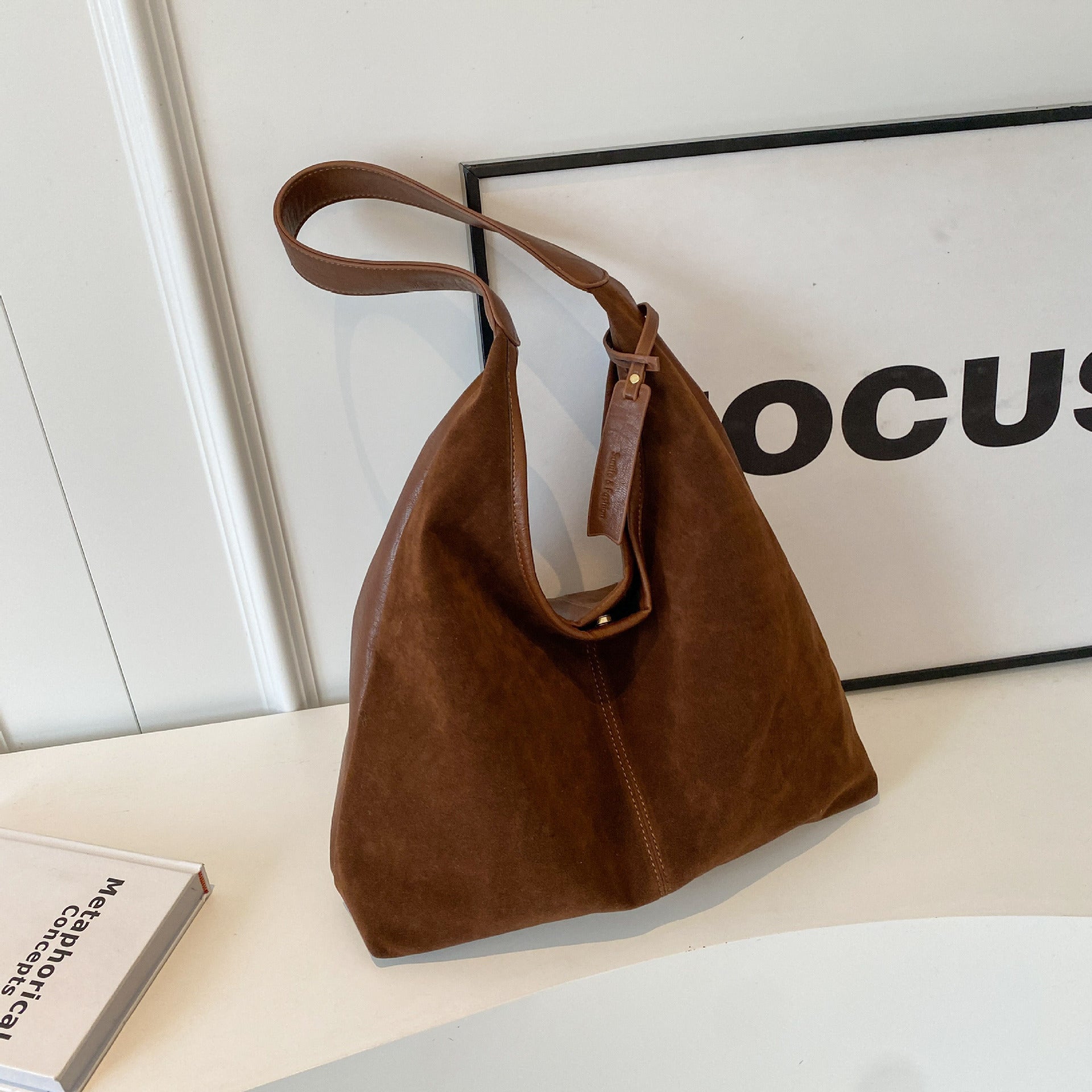 Retro Suede Stitching PU Shoulder Bag