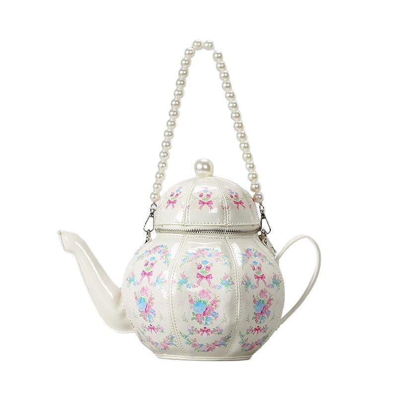 Sweet Girl Vintage Pearl Chain Printing Teapot Handbag
