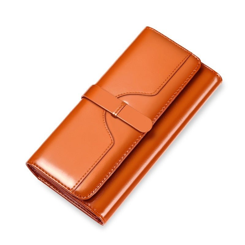 Pure Leather Tri Fold Women's Wallet Long Buckle Genuine Leather
