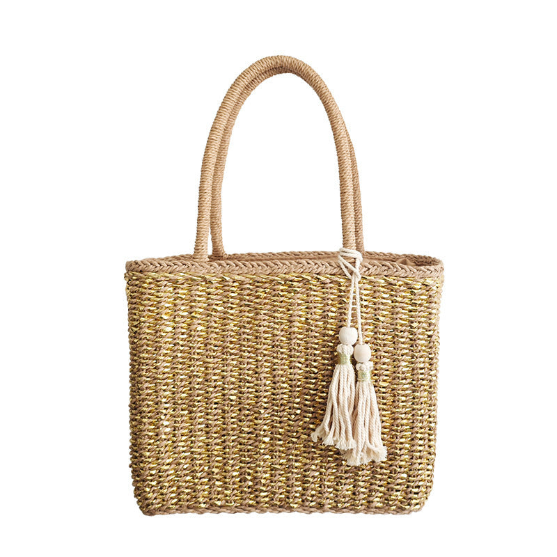 Handmade Rattan Handle Straw Bag Gold Fashion