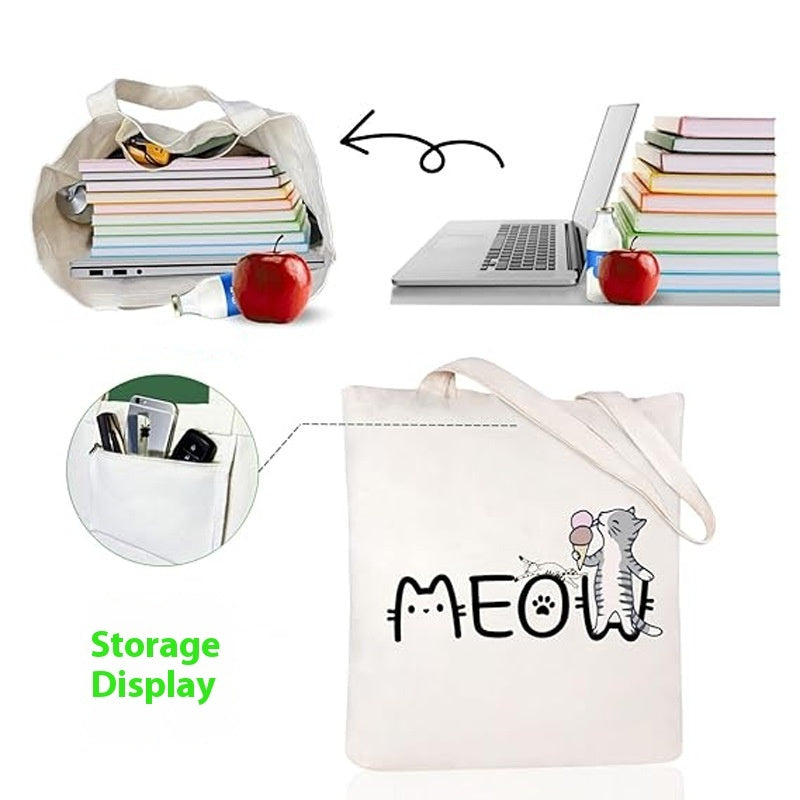 Cartoon Cat Print Canvas Bag