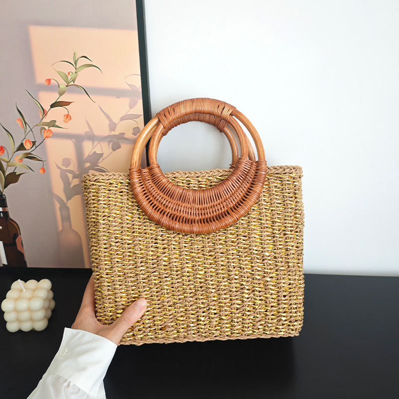 Handmade Rattan Handle Straw Bag Gold Fashion