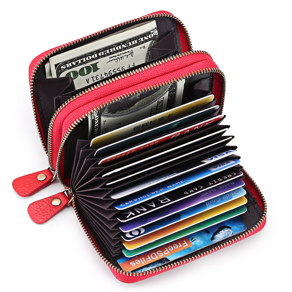 First Cowhide Double Layer Zipper Expanding Card Holder