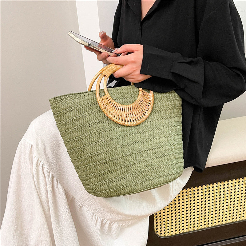 Seaside Ins Style Straw Bag Large Capacity Round Portable