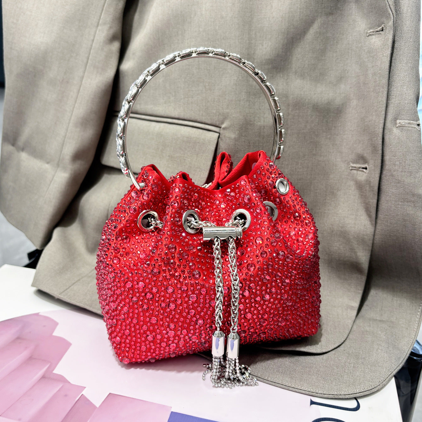 Drawstring Rhinestone Bag Shoulder Crossbody Handbag Women's Bag