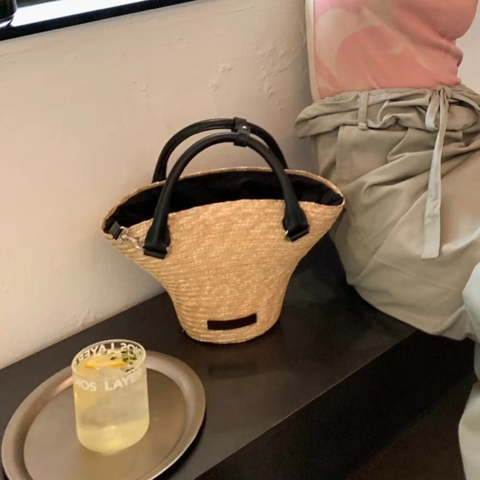 Fashion Straw Contrast Color Bucket Beach Bag