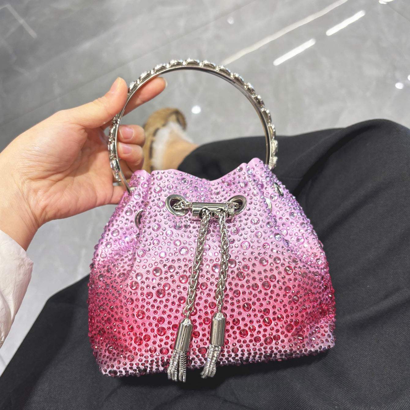 Drawstring Rhinestone Bag Shoulder Crossbody Handbag Women's Bag