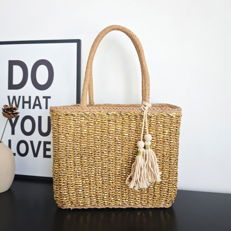 Handmade Rattan Handle Straw Bag Gold Fashion
