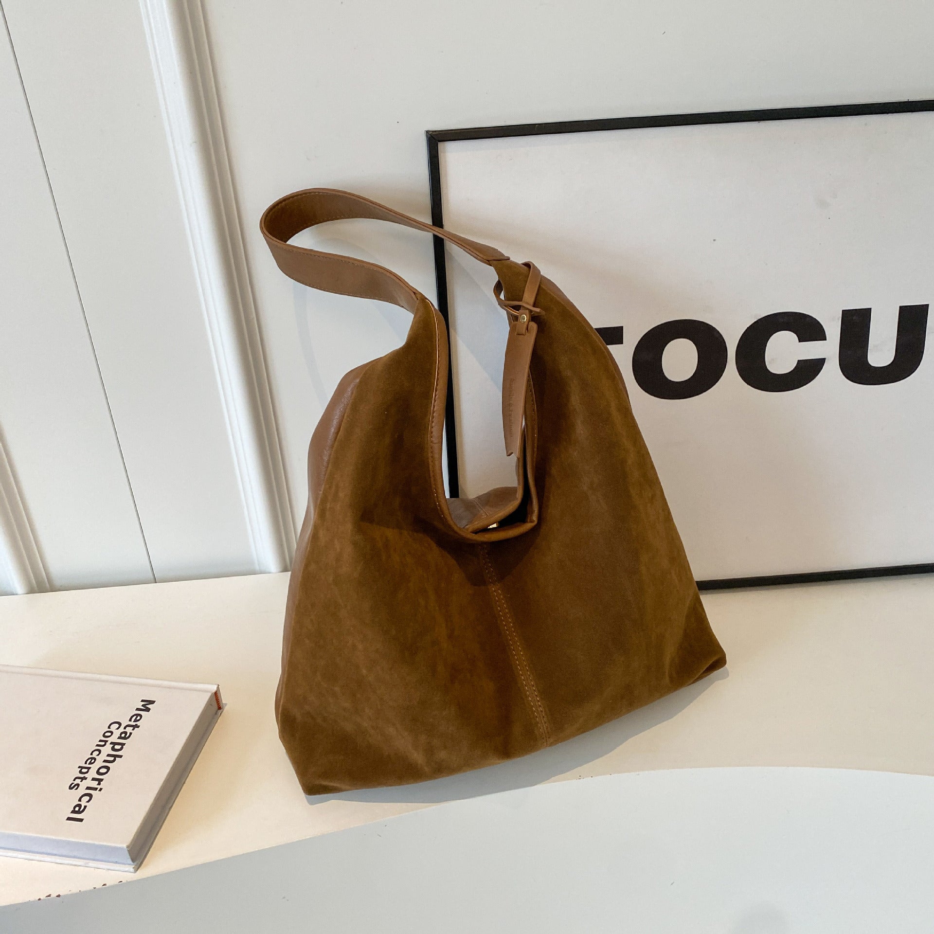 Retro Suede Stitching PU Shoulder Bag