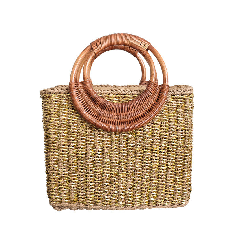 Handmade Rattan Handle Straw Bag Gold Fashion