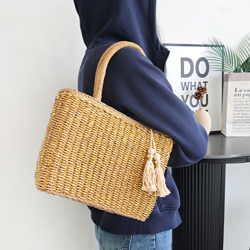 Handmade Rattan Handle Straw Bag Gold Fashion