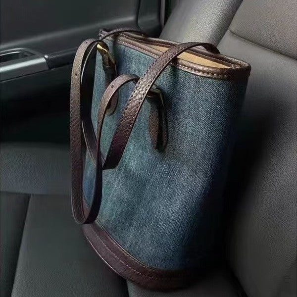Denim Patchwork Handbag Large Capacity Retro One-shoulder Bucket Bag