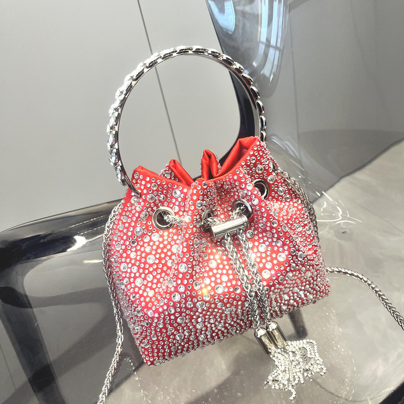 Drawstring Rhinestone Bag Shoulder Crossbody Handbag Women's Bag