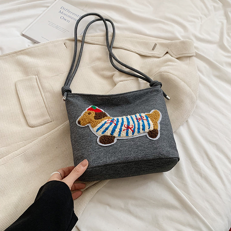 New Cartoon Sausage Dog Bucket Bag Autumn Texture
