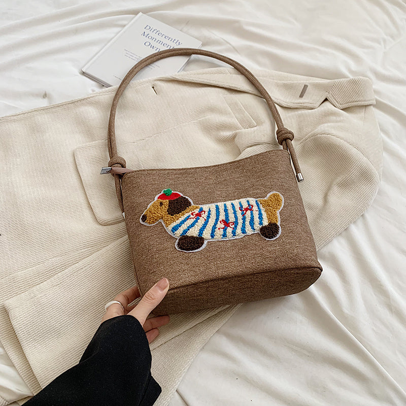 New Cartoon Sausage Dog Bucket Bag Autumn Texture