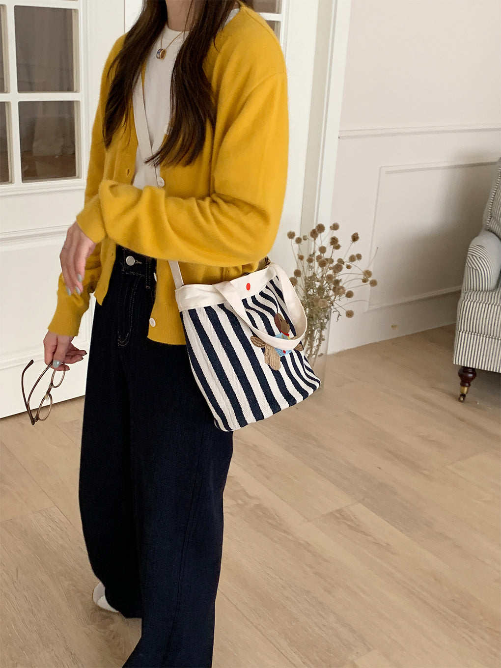 Cartoon Puppy Striped Bucket Bag One Shoulder Crossbody Bucket