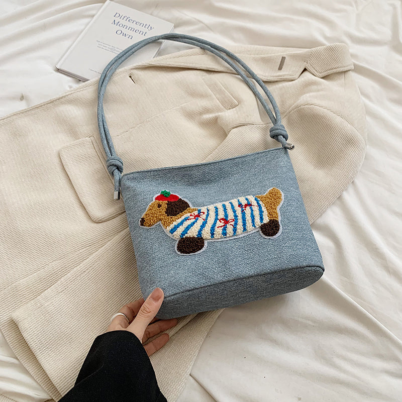 New Cartoon Sausage Dog Bucket Bag Autumn Texture