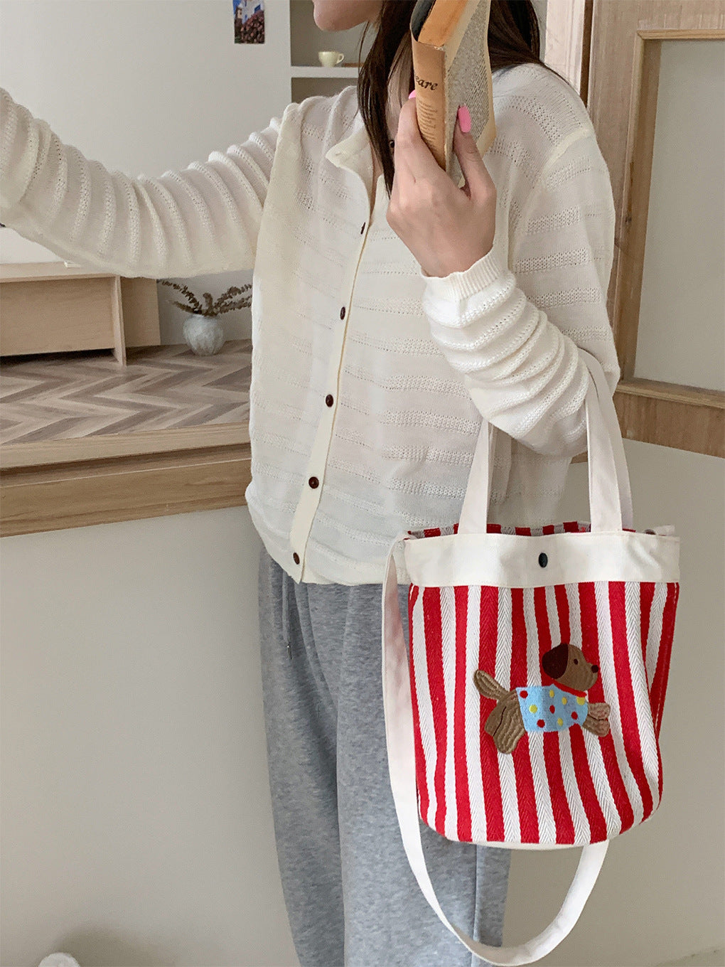 Cartoon Puppy Striped Bucket Bag One Shoulder Crossbody Bucket