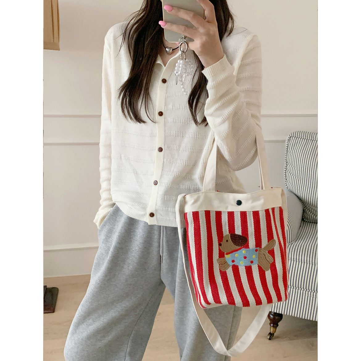 Cartoon Puppy Striped Bucket Bag One Shoulder Crossbody Bucket