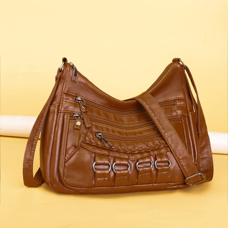Large Capacity Multi Compartment Shoulder Washed Soft Leather High-grade Messenger Bag