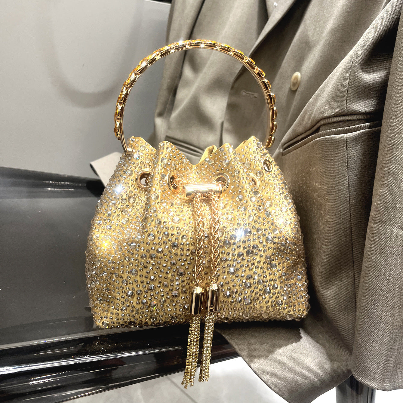 Drawstring Rhinestone Bag Shoulder Crossbody Handbag Women's Bag