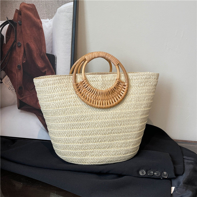 Seaside Ins Style Straw Bag Large Capacity Round Portable