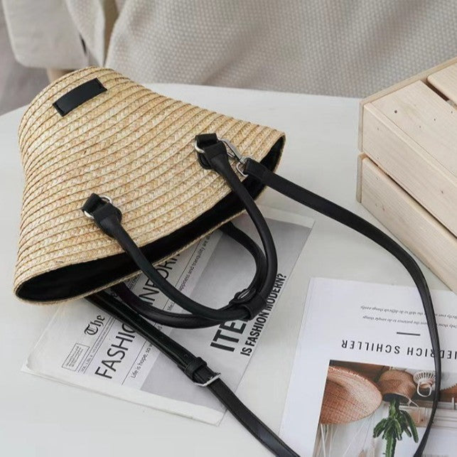 Fashion Straw Contrast Color Bucket Beach Bag