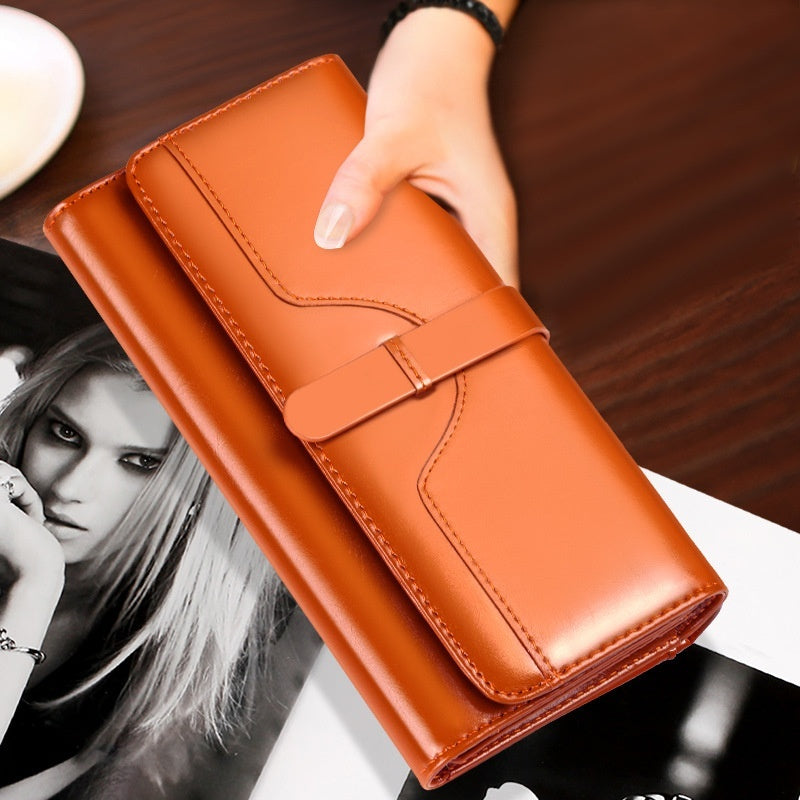 Pure Leather Tri Fold Women's Wallet Long Buckle Genuine Leather