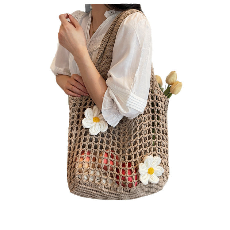 Knitted Handbag Woven Mesh Hollow Out Flower Large Capacity Versatile Shoulder Bag