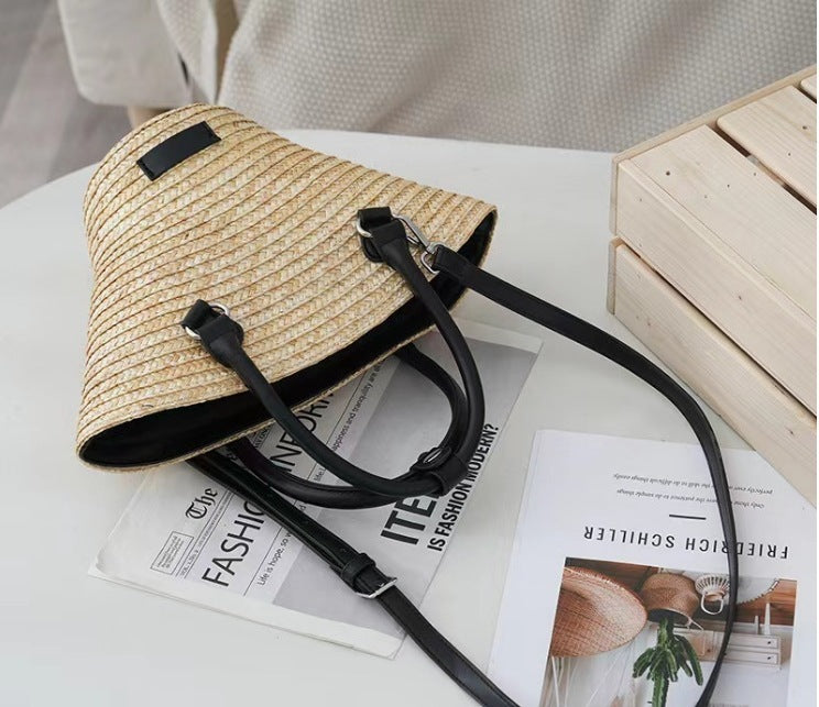 Fashion Straw Contrast Color Bucket Beach Bag