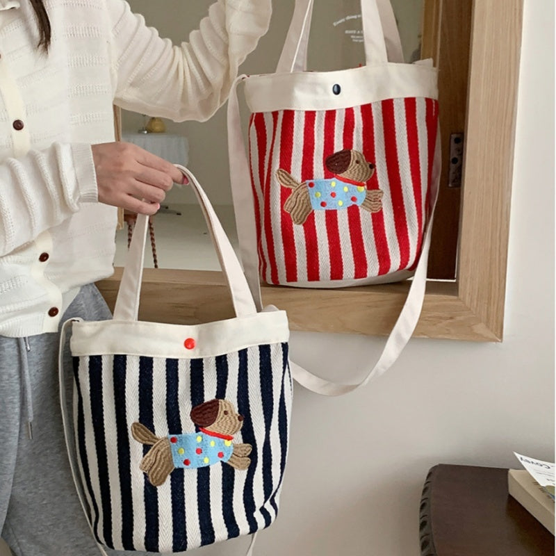 Cartoon Puppy Striped Bucket Bag One Shoulder Crossbody Bucket