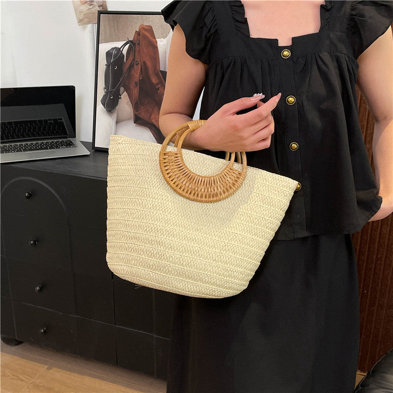 Seaside Ins Style Straw Bag Large Capacity Round Portable