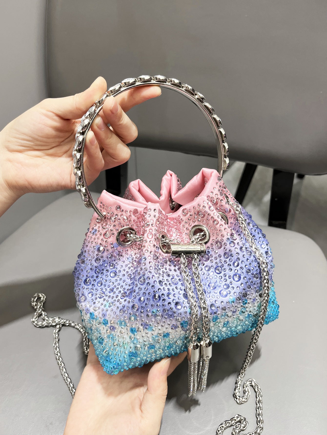Drawstring Rhinestone Bag Shoulder Crossbody Handbag Women's Bag